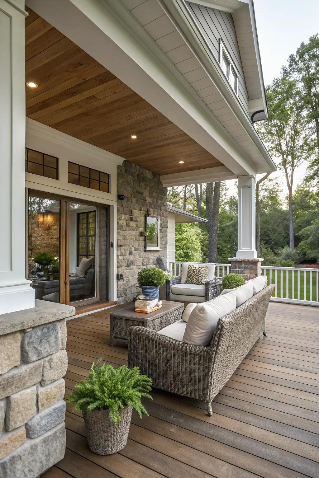A cohesive design knee wall that unites indoor and outdoor spaces.