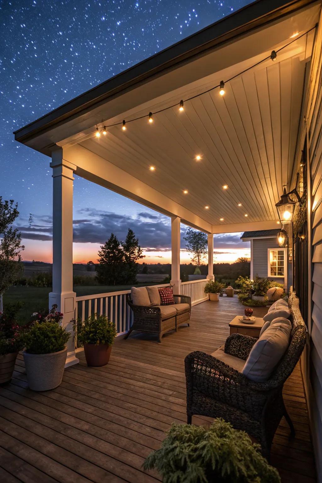 Install integrated lighting in your porch roof to set the mood.