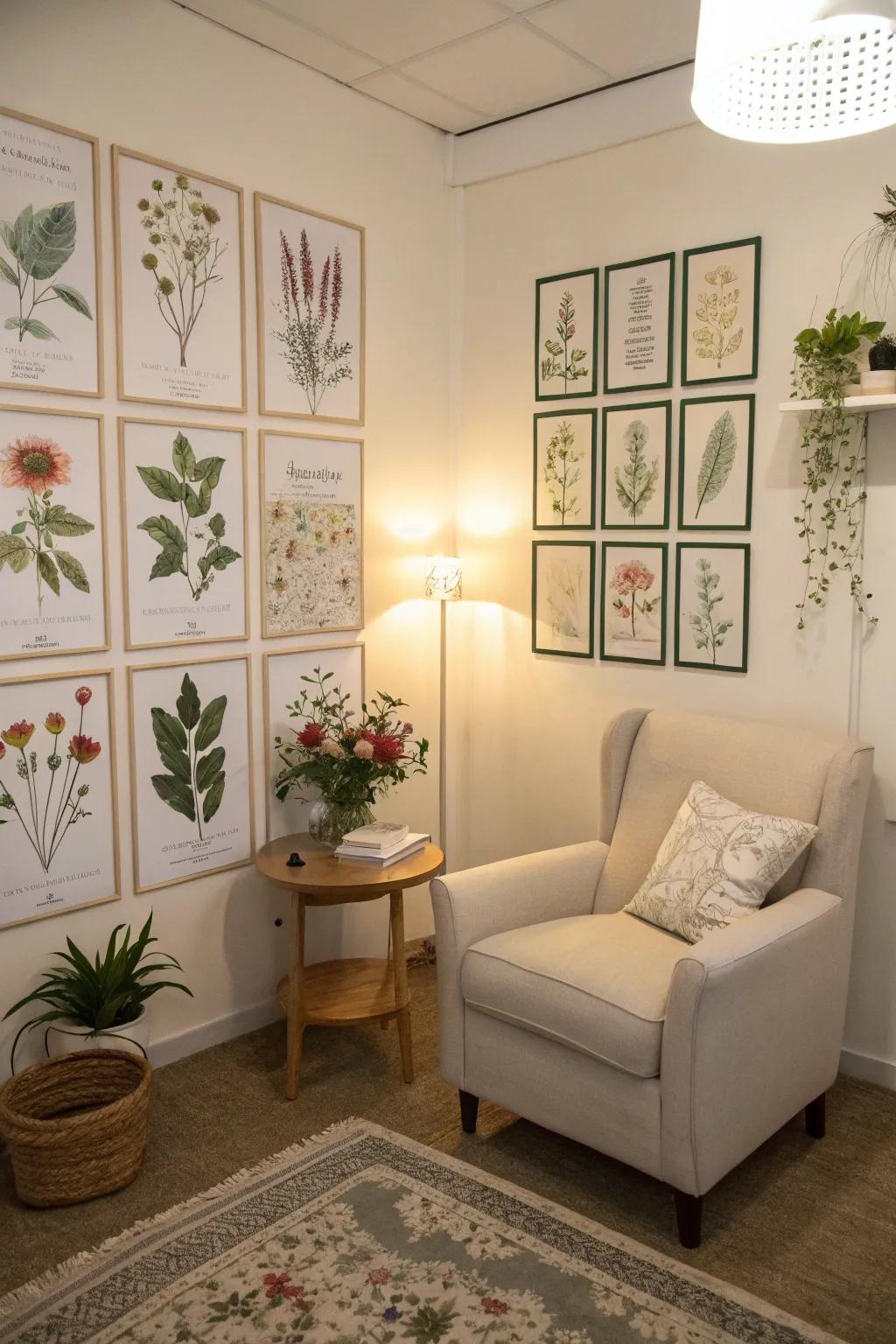 A peaceful space adorned with beautiful botanical posters.