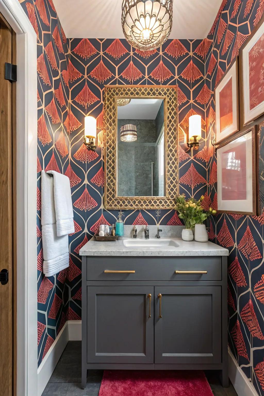 Unexpected color combinations create a dynamic and memorable guest bathroom.