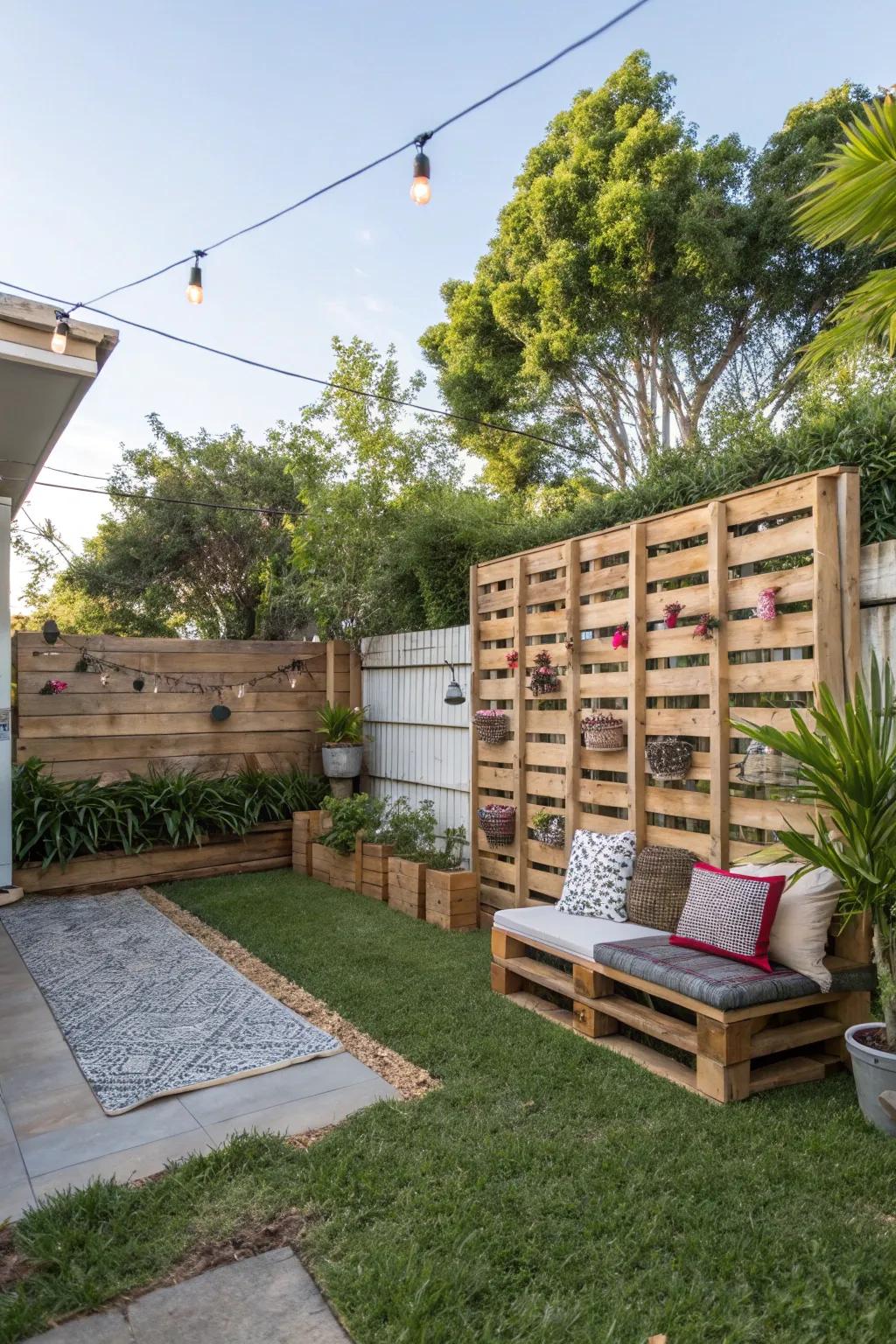 DIY pallet partitions extend a personalized and economical privacy option.