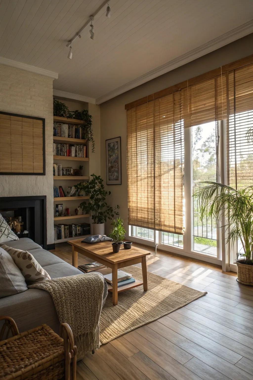 Cane coverings provide a warm, textured privacy solution.
