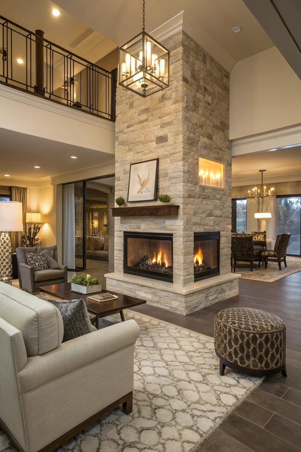 An open-concept space showcasing a two-sided propane fireplace.