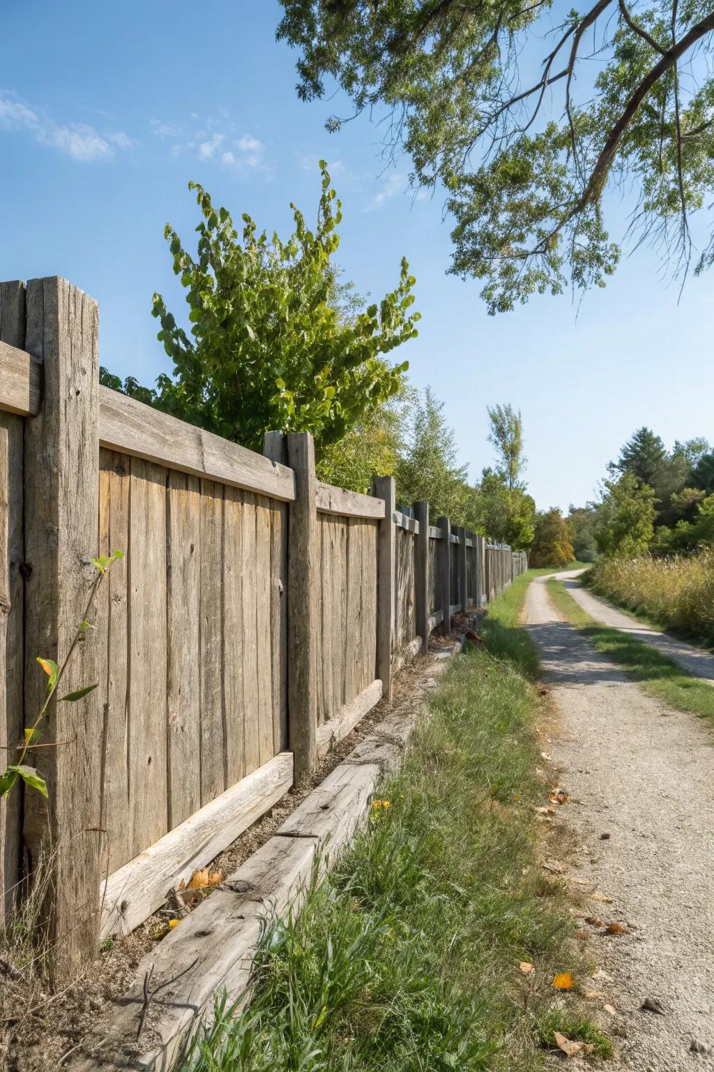 Salvaged wood crafting a character rich and environmentally conscious property boundary.