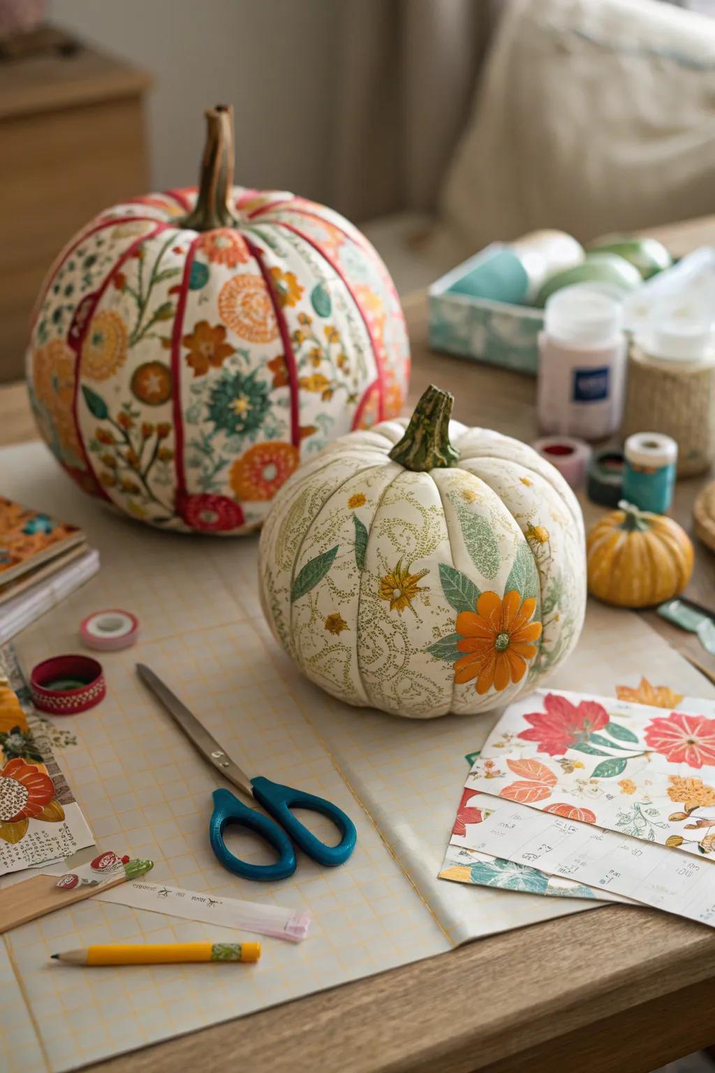 Decoupage pumpkins exhibiting a mosaic of hues.