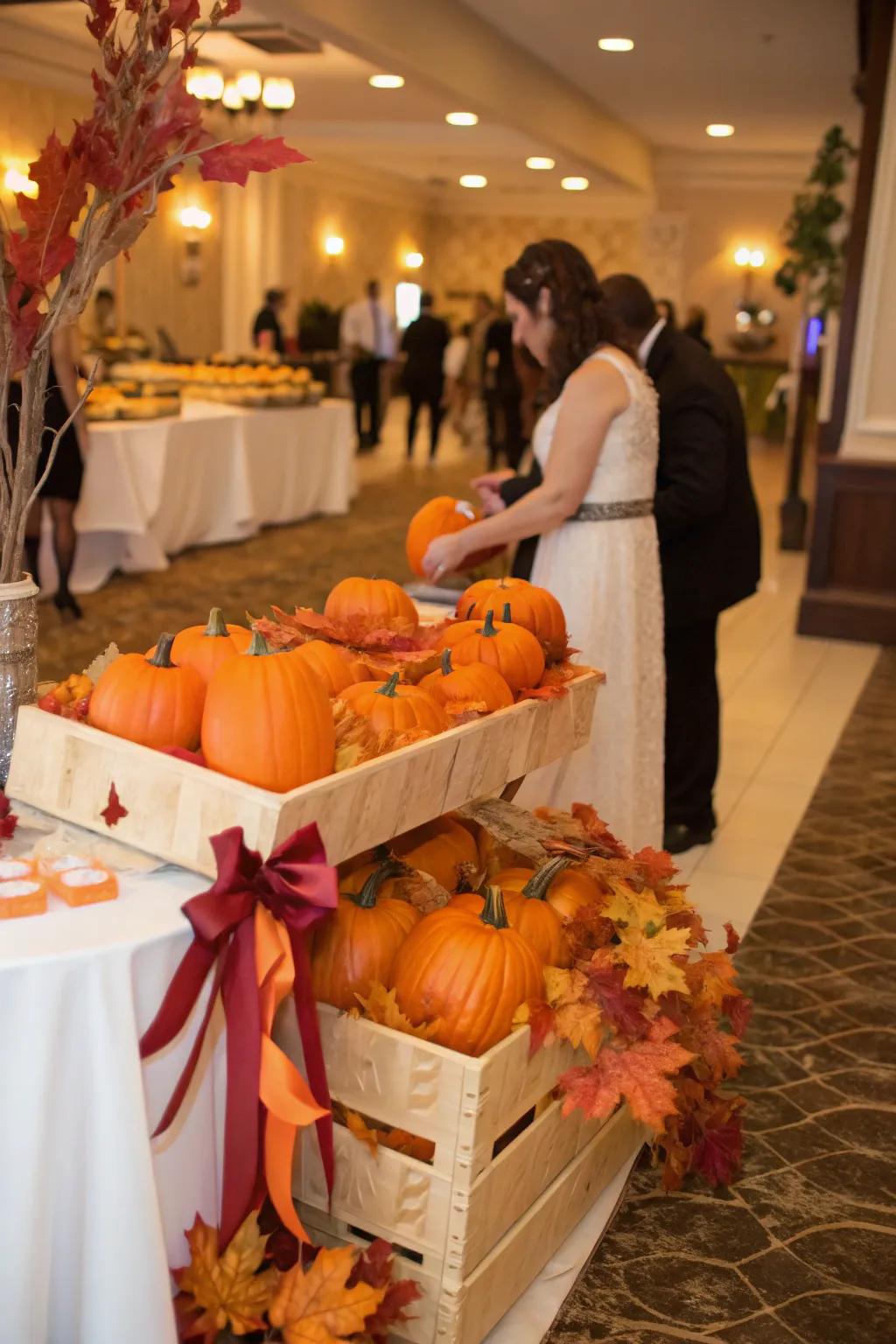 A charming favor station featuring squashes for guests.