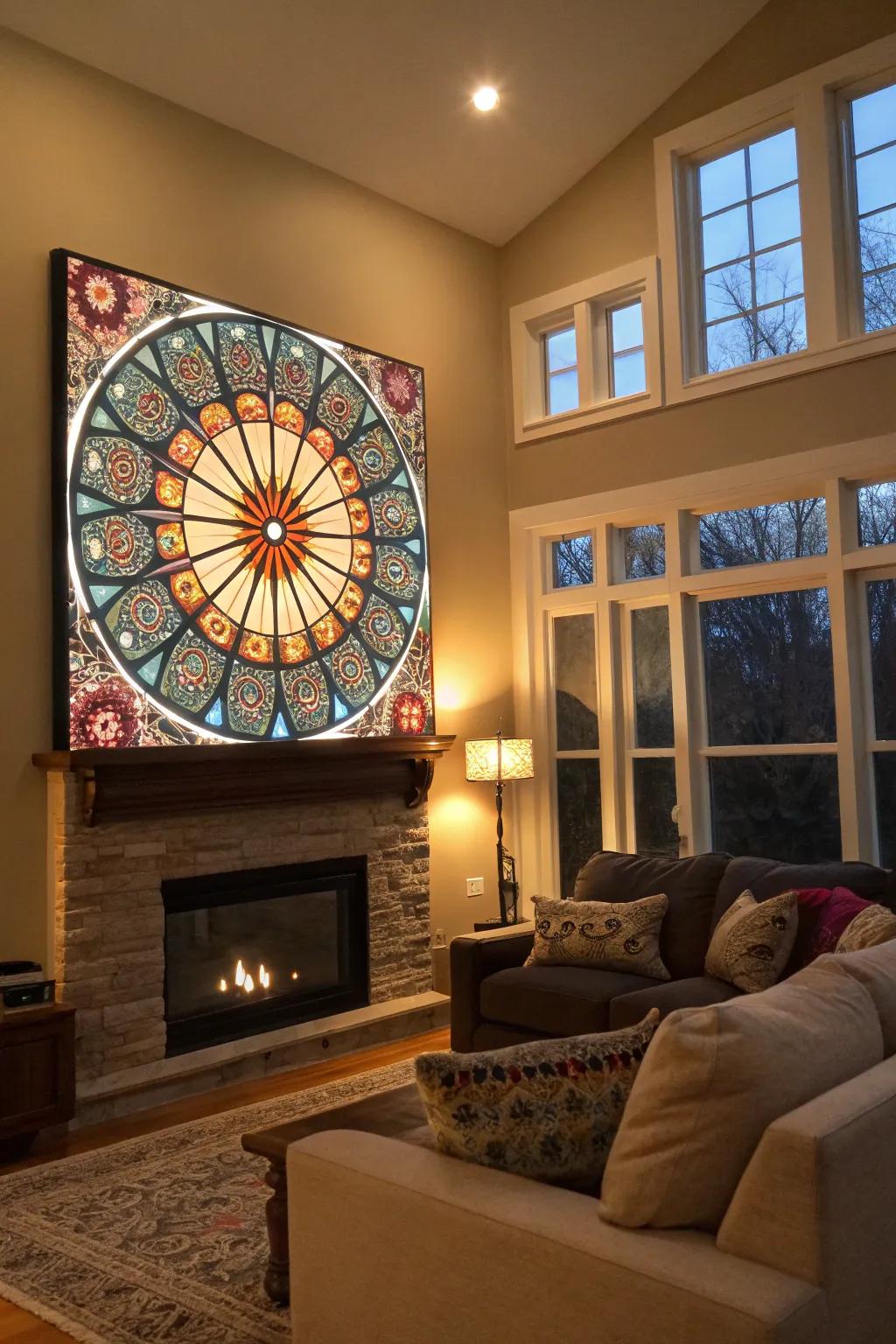 A family room featuring an interactive radial art piece on the wall.