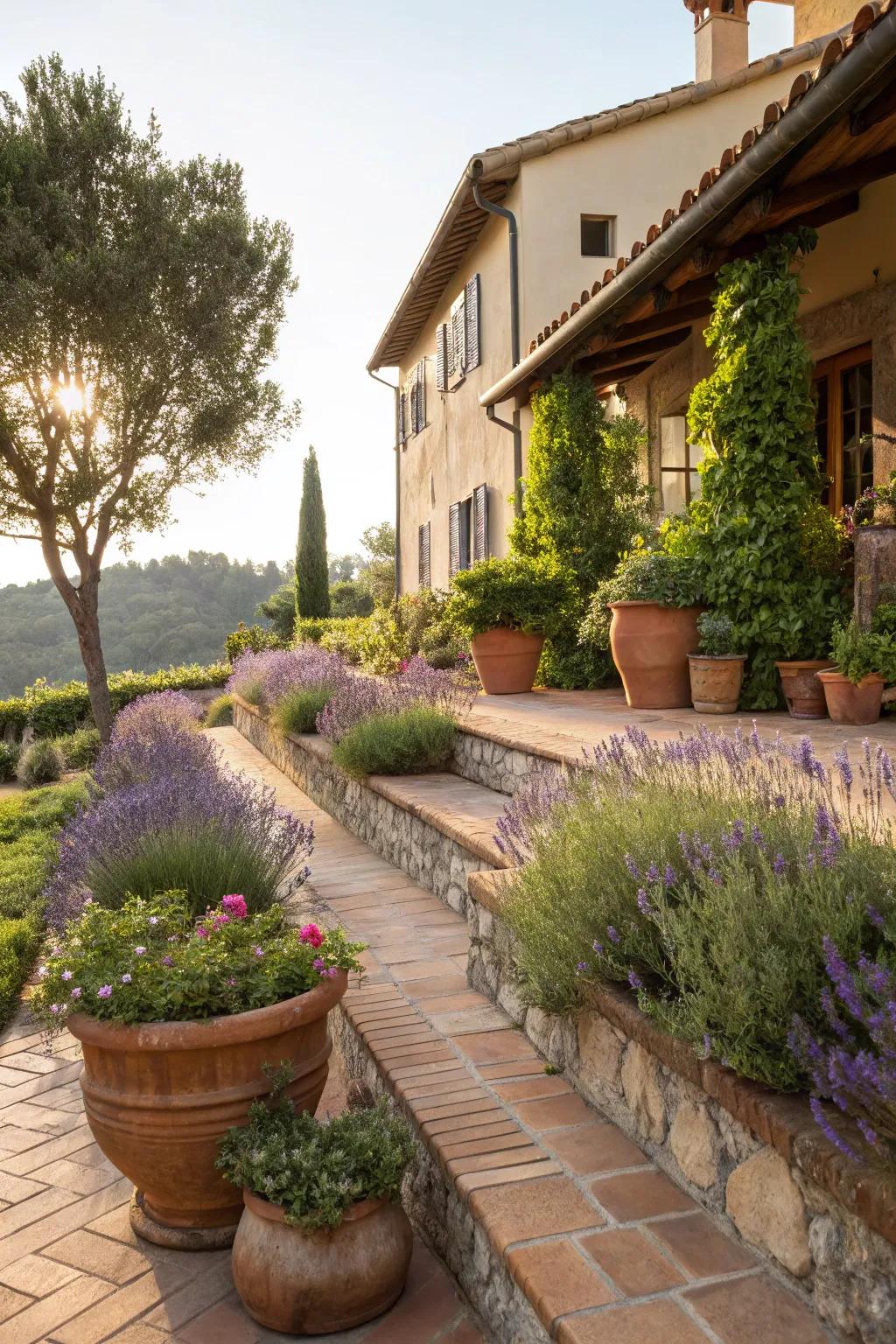 Clay and lavender radiate coastal European warmth.