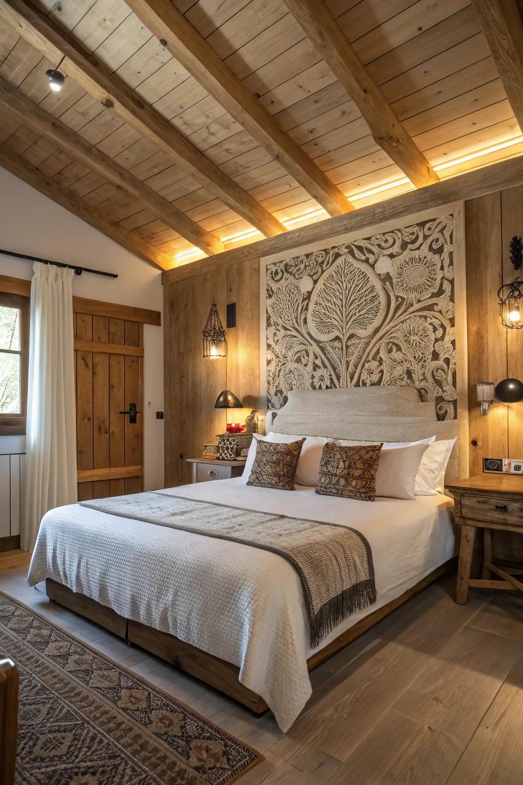 A countryside bedroom featuring a large eye-catching headboard.