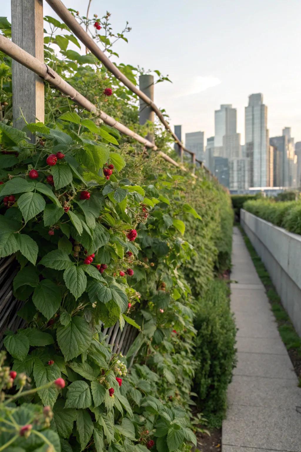 A living wall trellis transforms raspberries into a stunning vertical display.