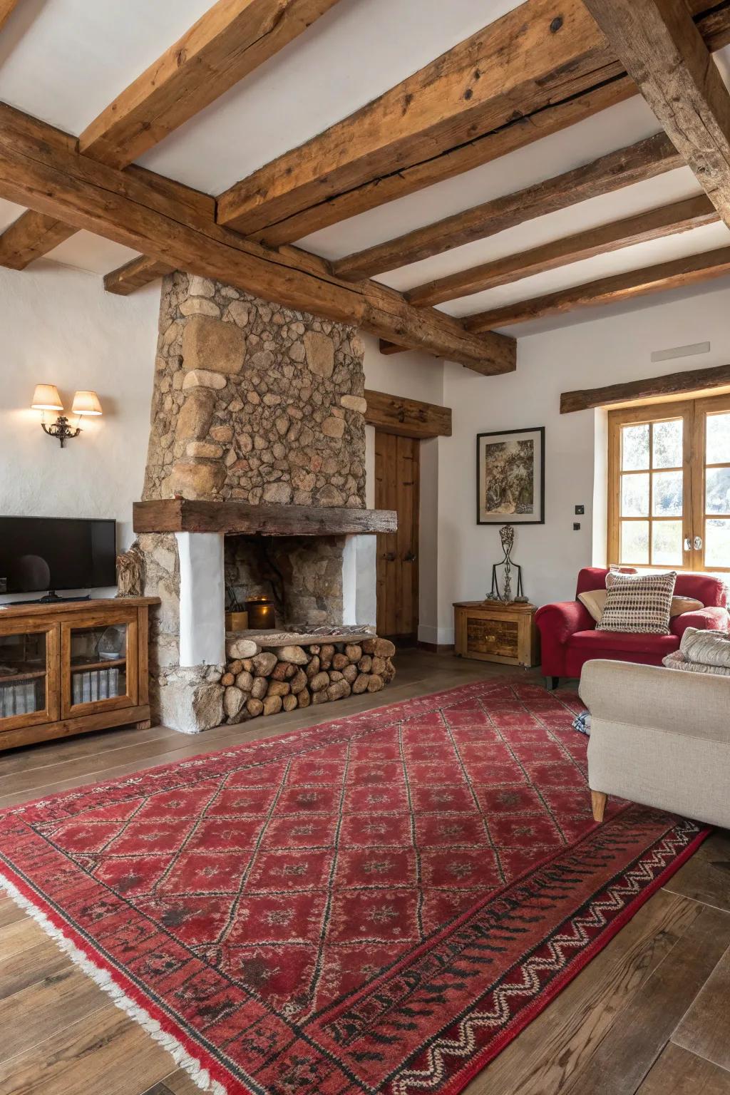Country charm shines through with a cozy scarlet floor covering and wood tones.