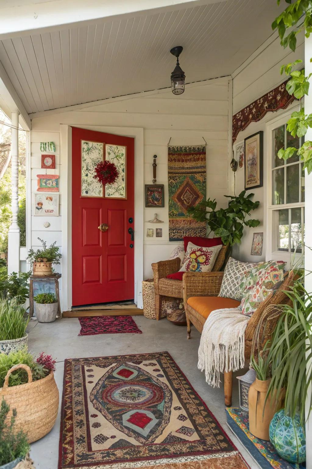 Bohemian home showcasing a red entrance, filled with artistic charm.