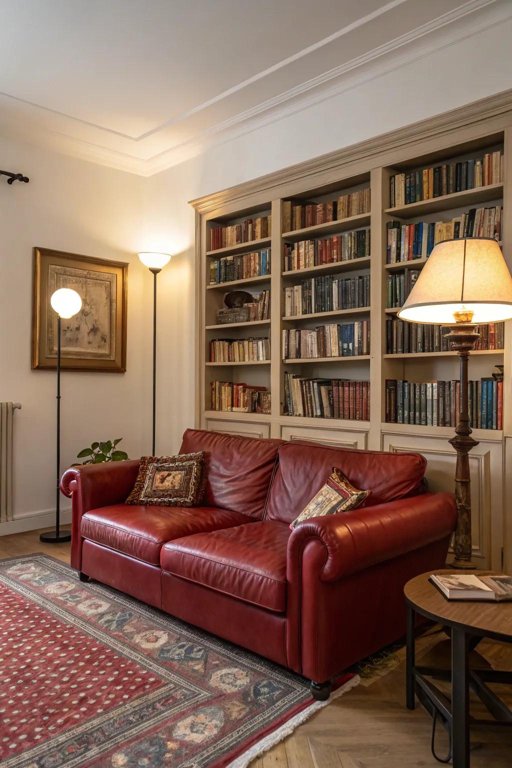A comfortable recess featuring a scarlet hide settee offers a perfect location for repose and reading.