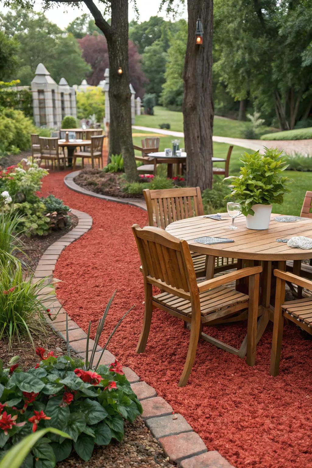 Red mulch emphasizes outdoor dining areas, making meals feel special.