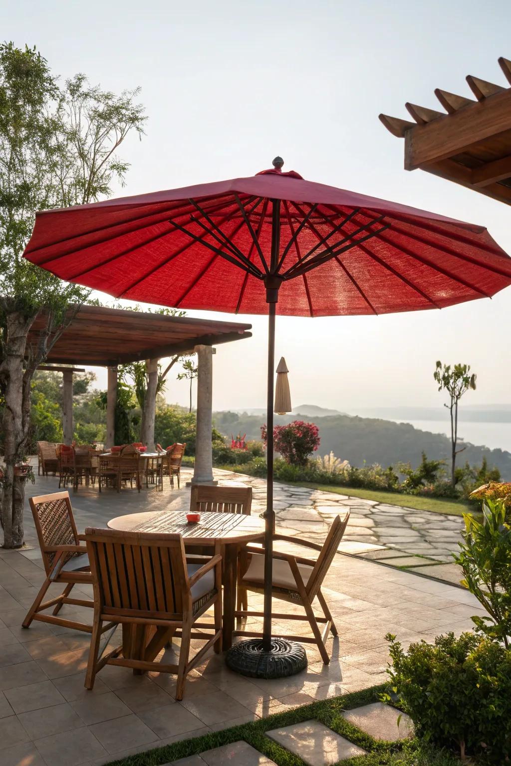 A scarlet parasol offers stylish sun protection.