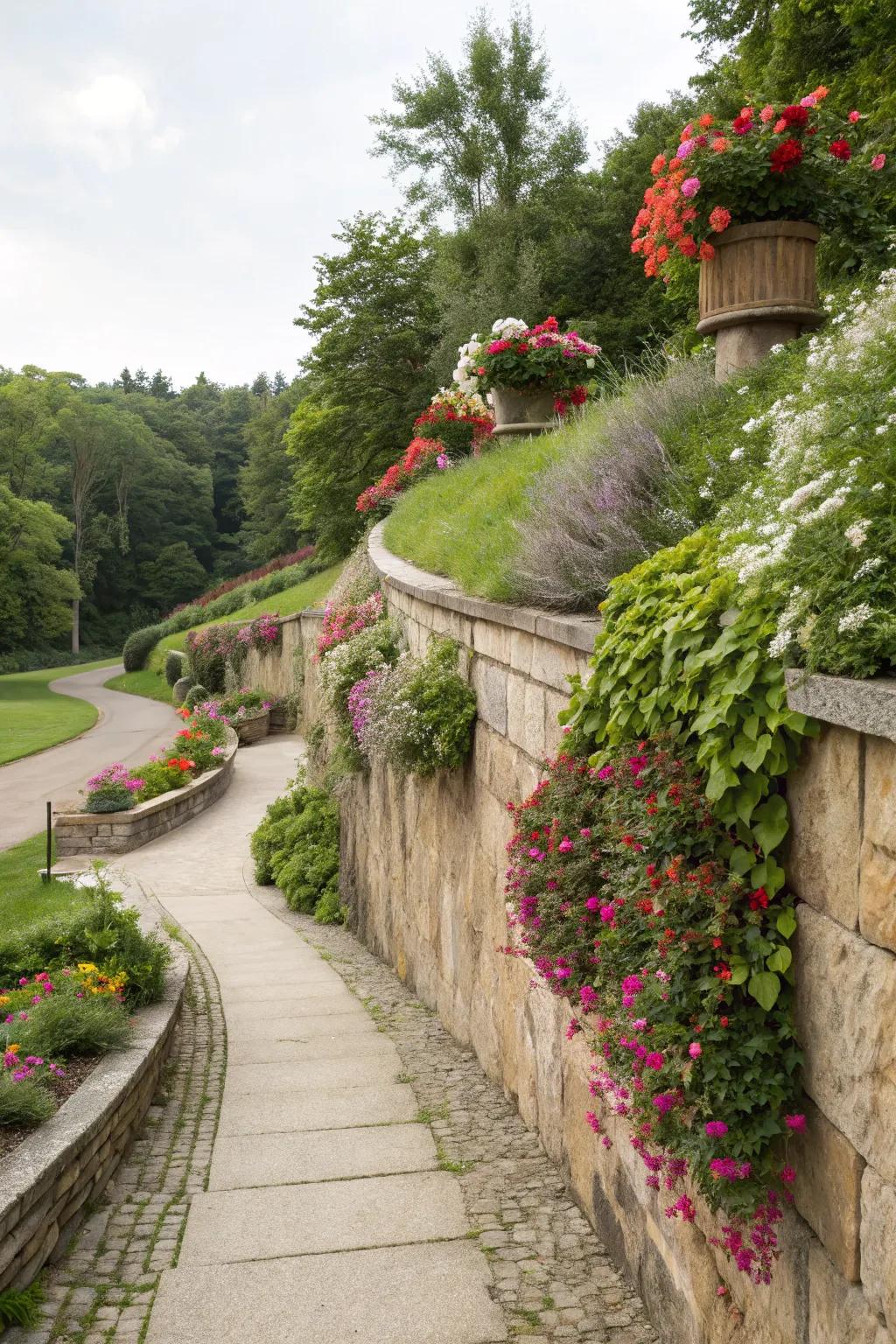 A retaining wall transformed into an artistic expression with creative decorations.