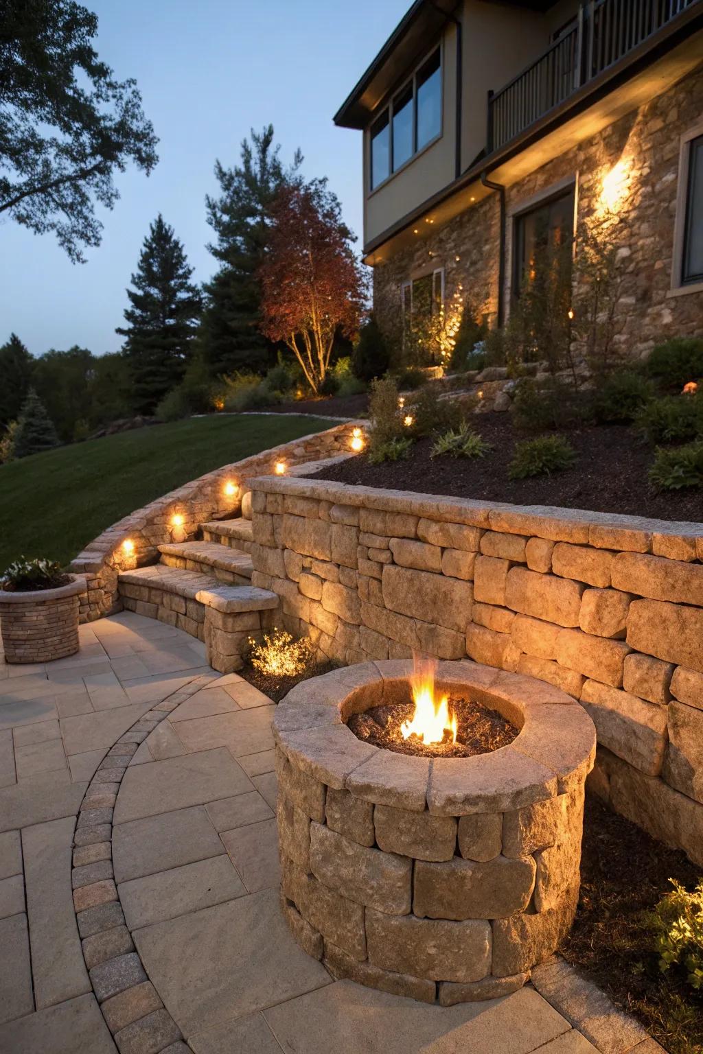 Gather around the glow: A masterfully designed retaining structure with an integrated fire pit.