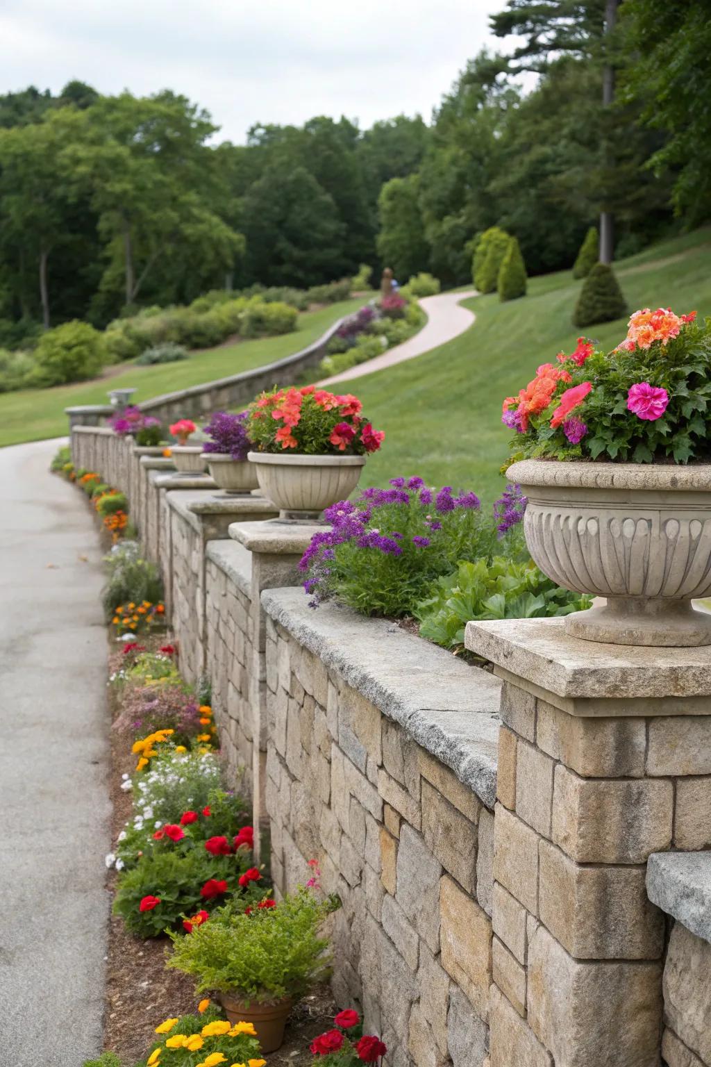 Integrated planters contribute a lush impression to retaining walls.