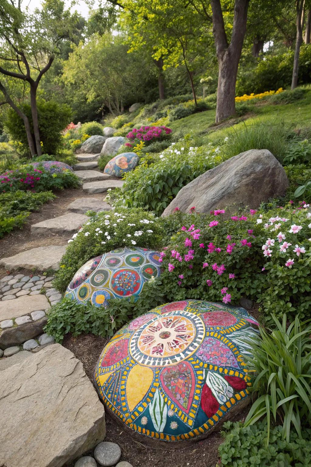 Stone mosaics furnish a vibrant and artistic touch to the landscape.