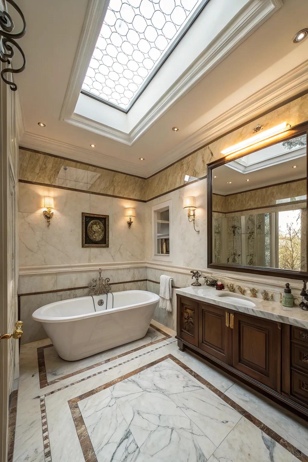A ceiling window brings natural light and openness to this elegant bathroom.