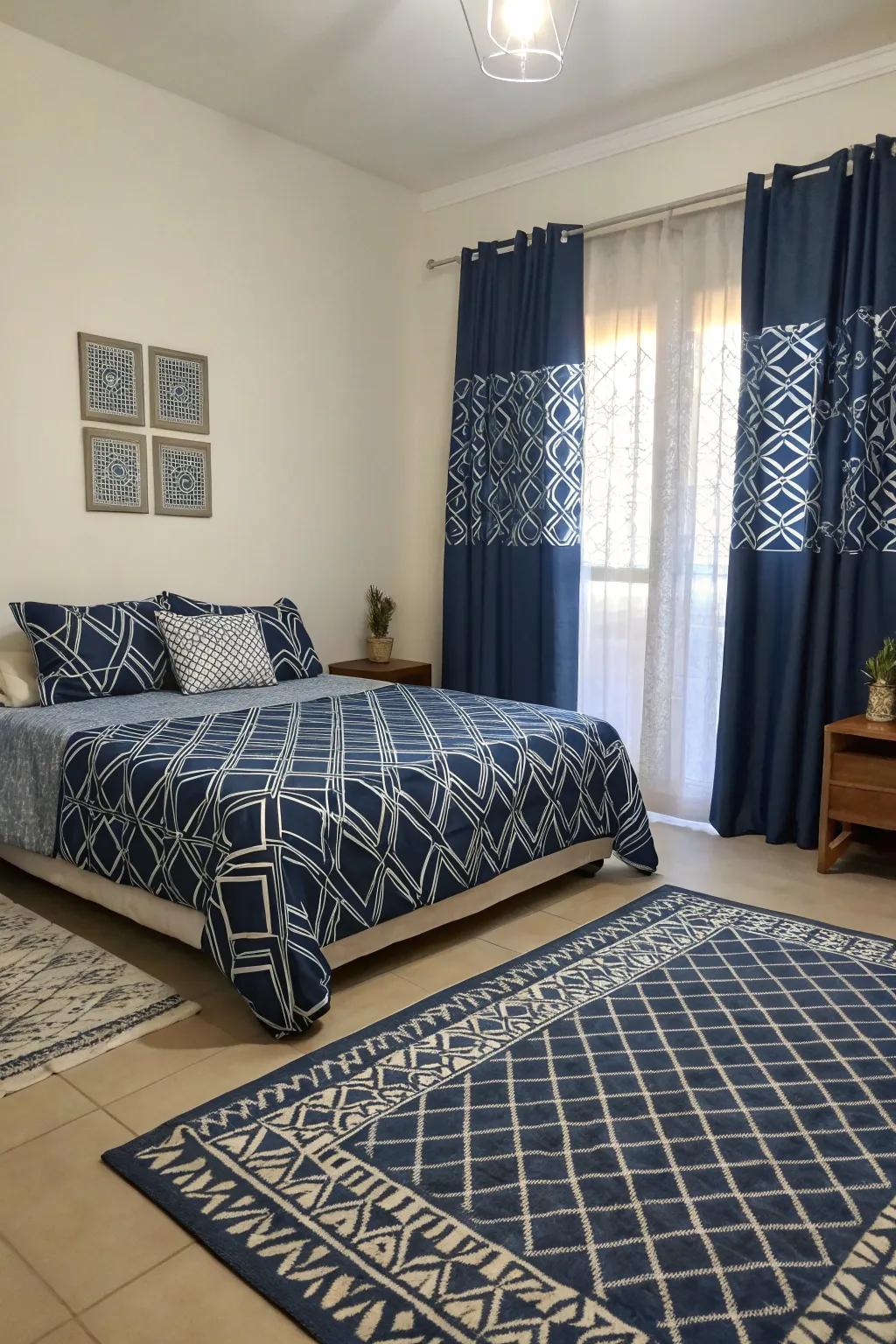 Geometric patterns include a modern flair to a comfortable deep blue room.