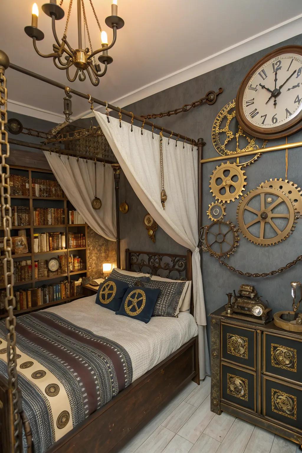 Steampunk elements inject a playful variation to the Victorian Gothic boudoir.