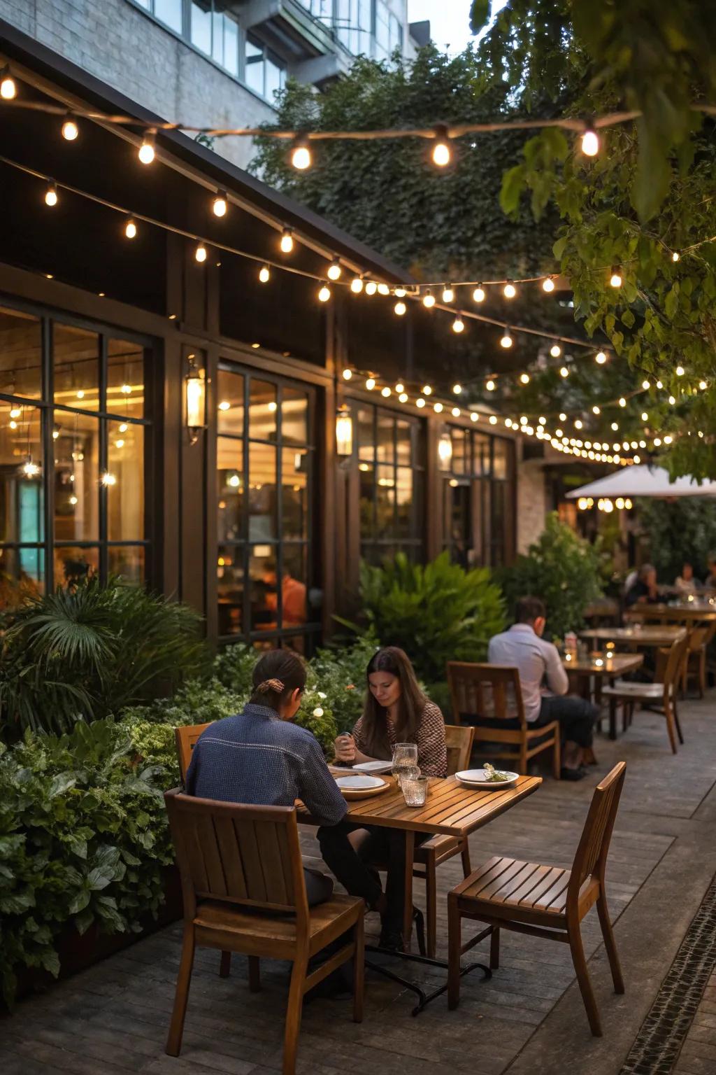 Set the mood for outdoor dining with overhead optical strands.