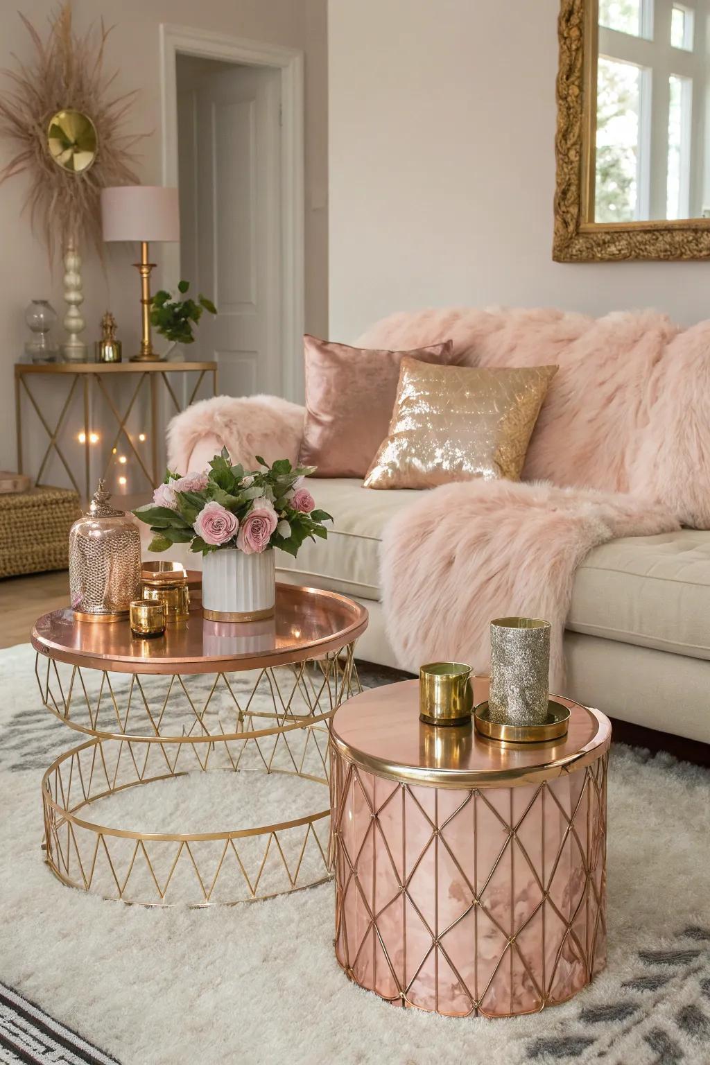 Imitation fur and sunset sheen shimmering metals create an opulent combination.