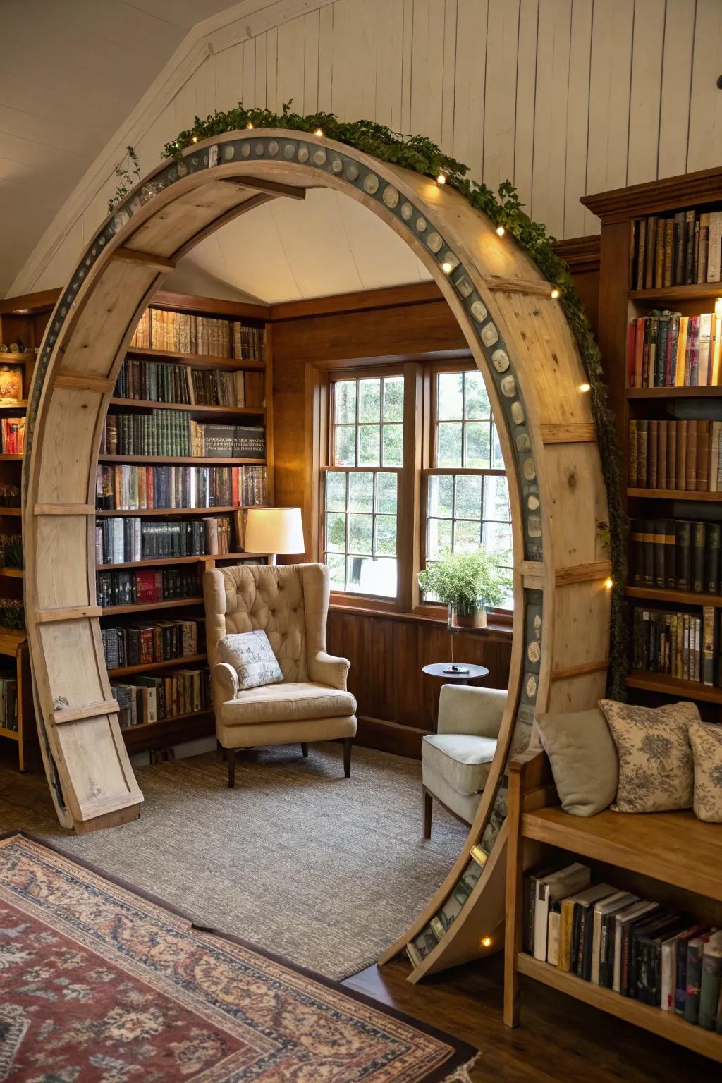 A book-themed arch, perfect for literary lovers and a touch of nostalgia.