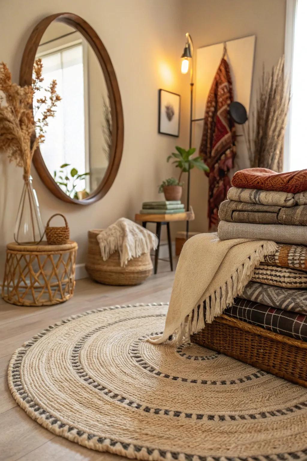 Textural elements complementing a circular mirror for a cozy atmosphere.