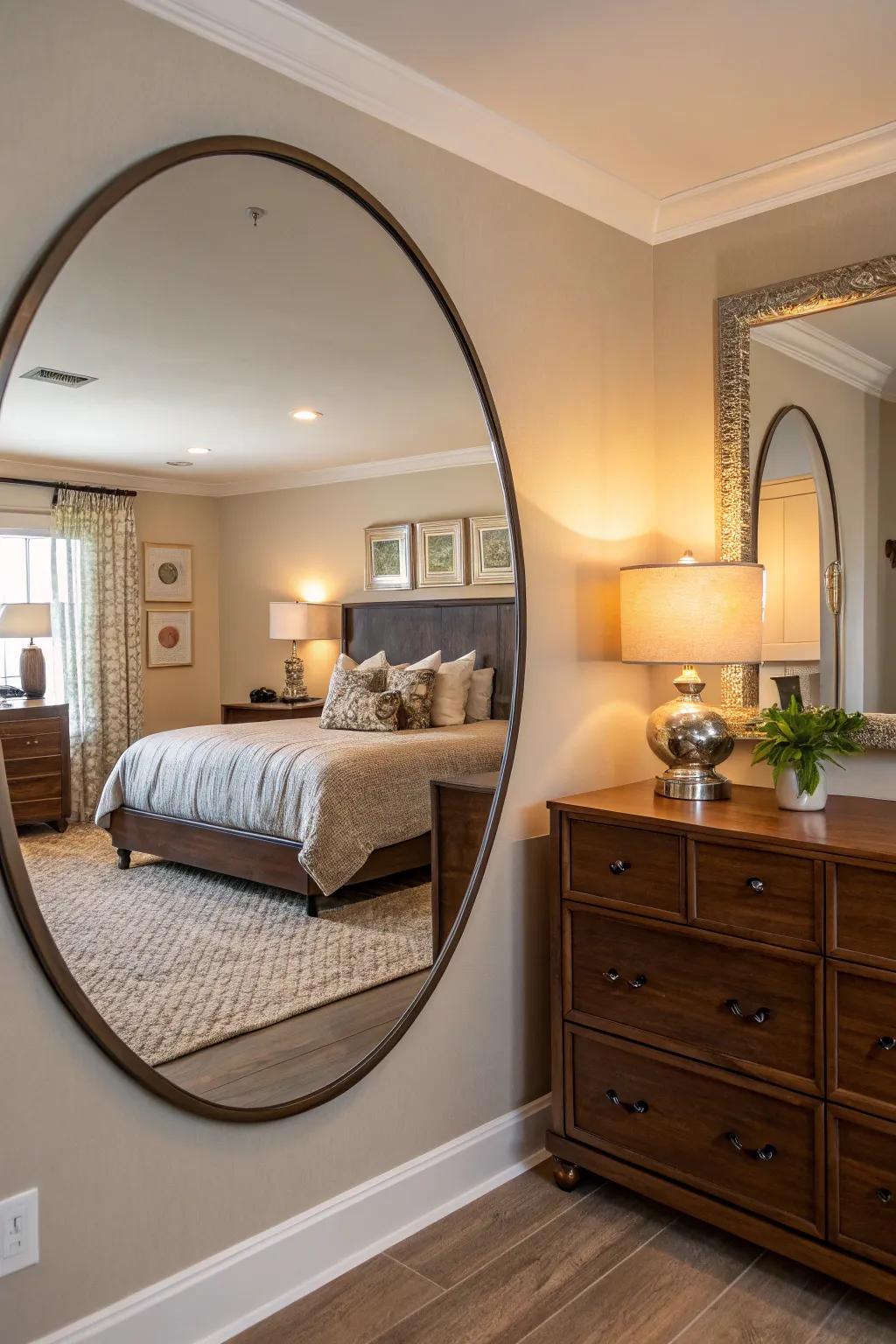 A bedroom featuring a grand spherical reflection that enhances the space.