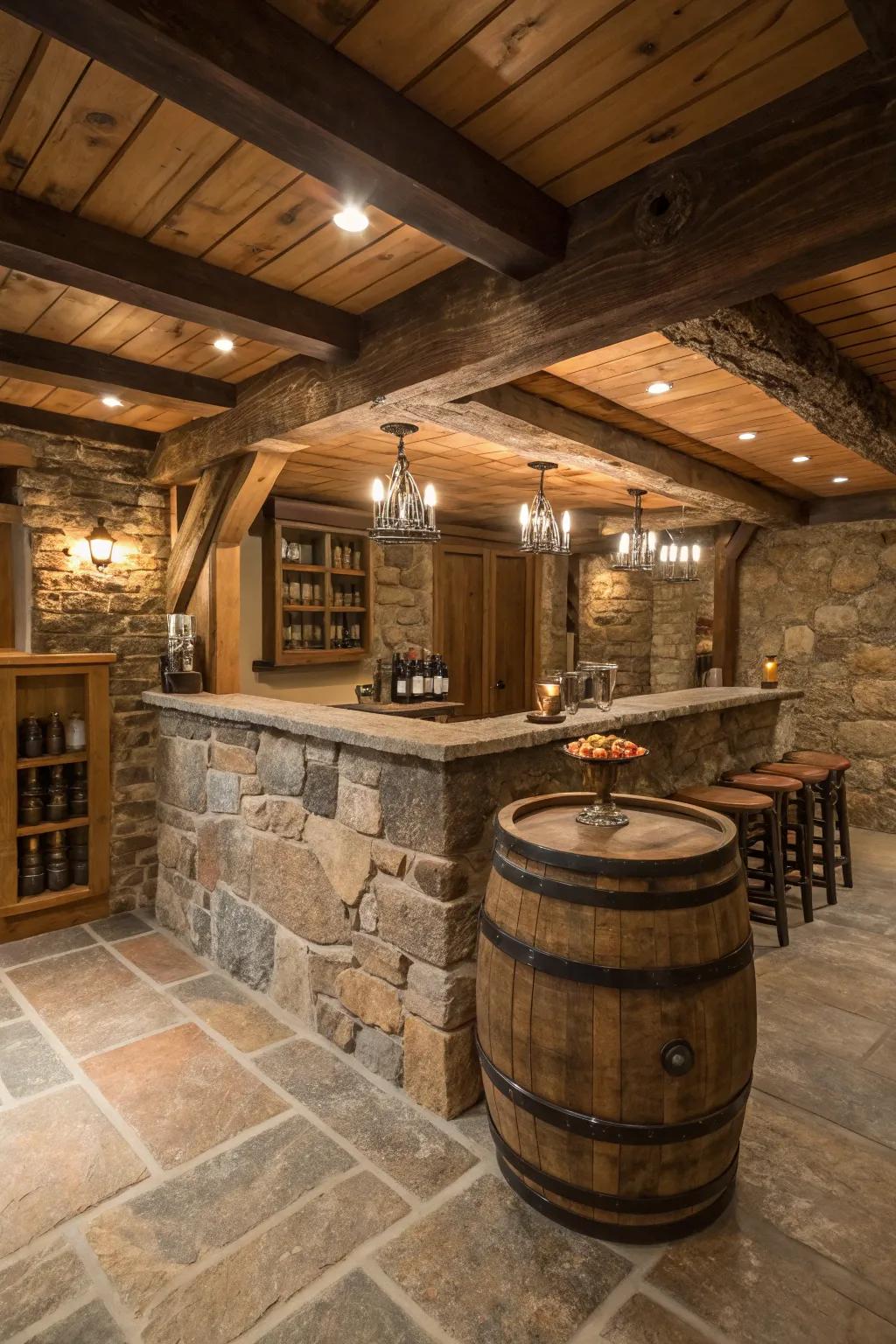 A cask repurposed as a sink platform, contributing a country-style and creative feature.