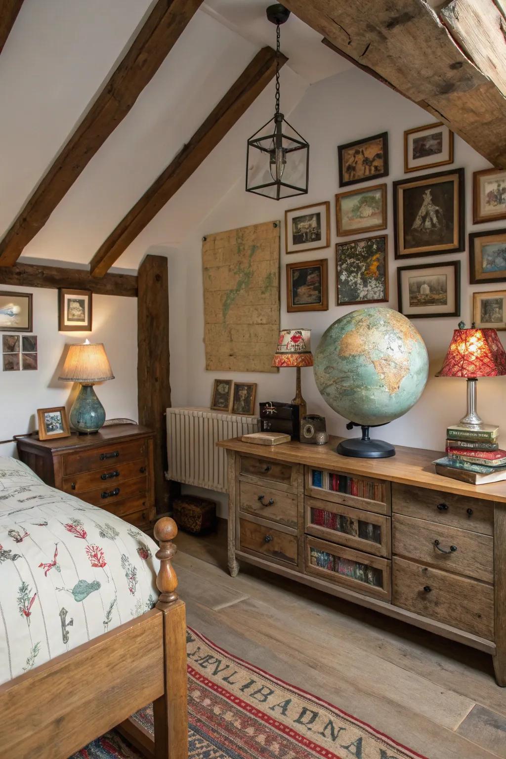 Whimsical touches add a playful vibe to this rustic bedroom.