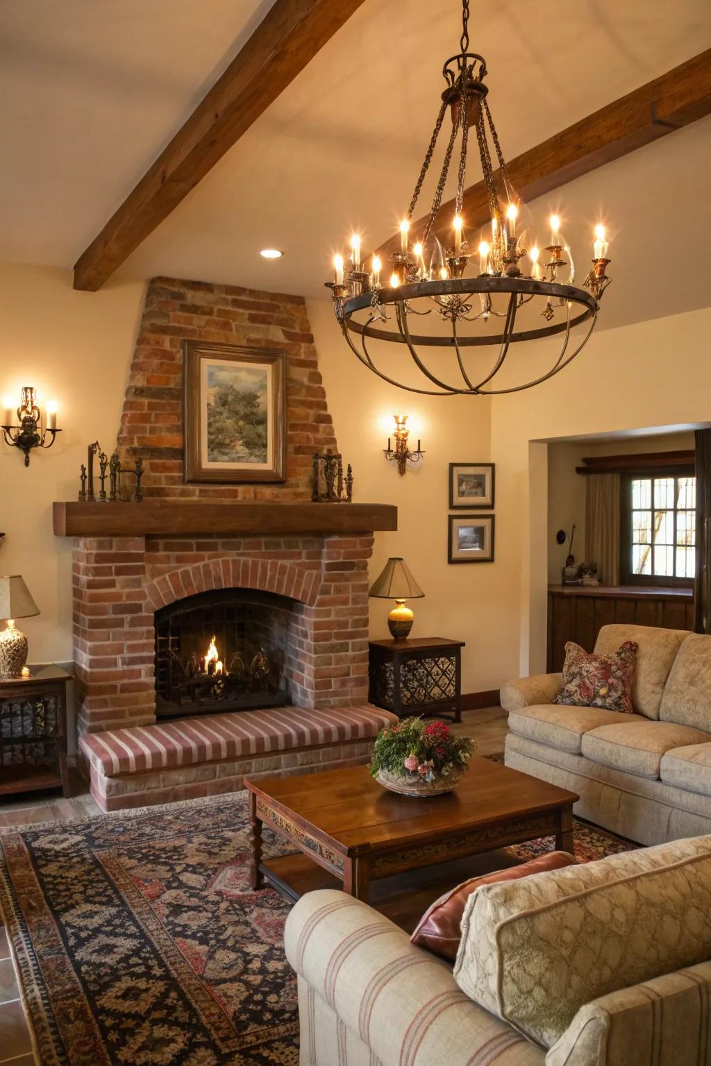 Rustic chandeliers enhance the atmosphere surrounding your fireplace.
