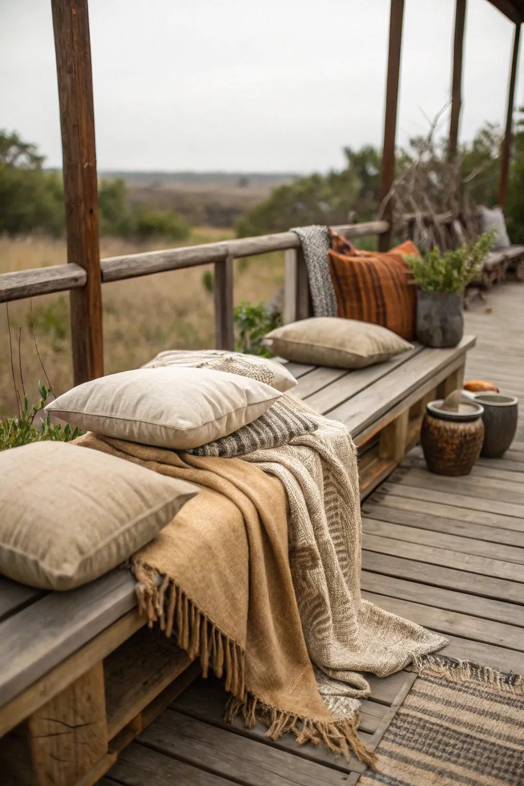 This patio gains softness and a countryside accent through genuine textiles.