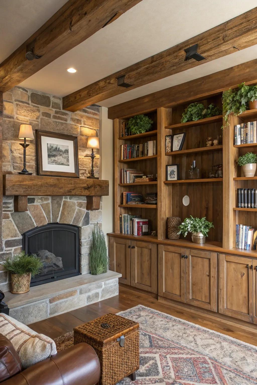 Country-style shelving combines functionality with personal style.