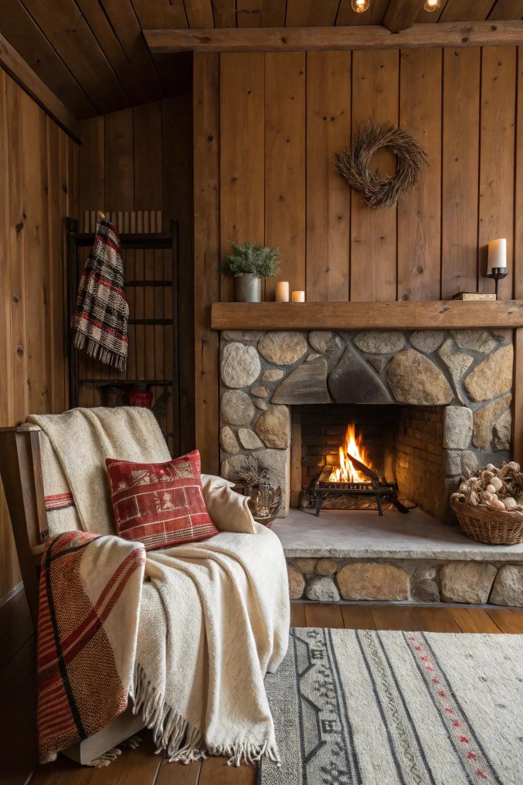 Vertical wood paneling includes altitude and playfulness to this countryside fireplace.