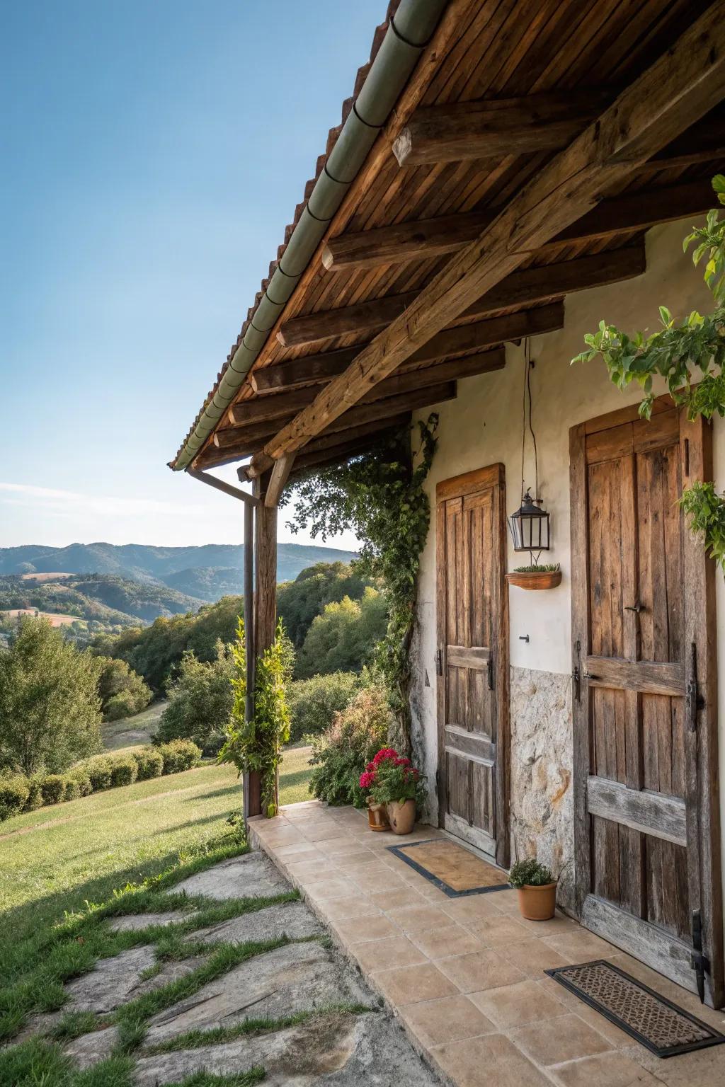Distressed doors enhancing the charm of a rustic residence.