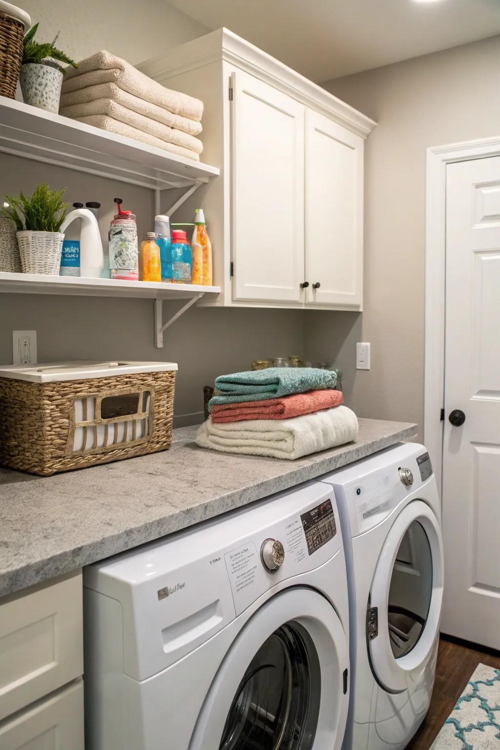 A countertop over the washer and dryer adds valuable workspace.