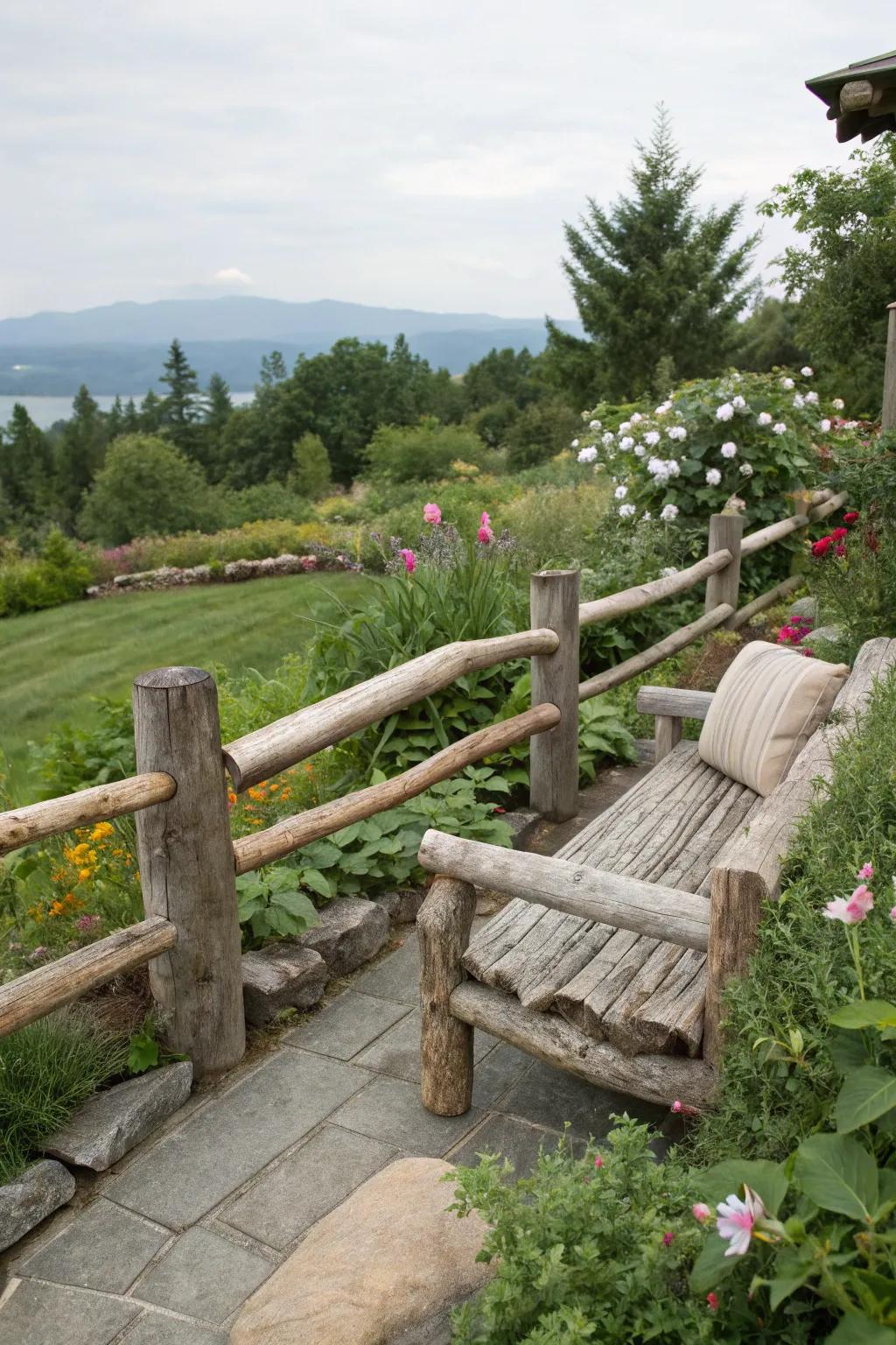 A leisure area built into a log fence offers a peaceful spot to enjoy garden views.