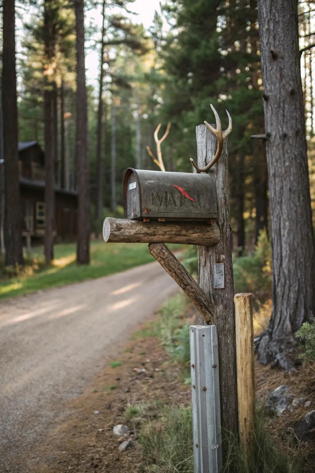 Antler accents convey a daring, natural flair to this mailbox support.