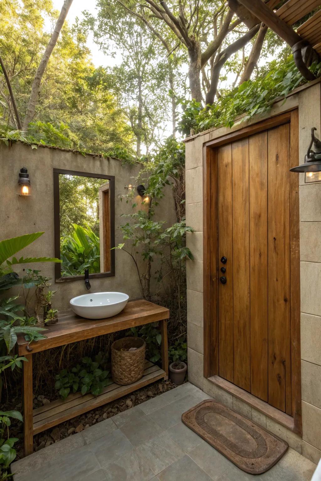 A standalone mirror infuses sophistication and reflects nature.