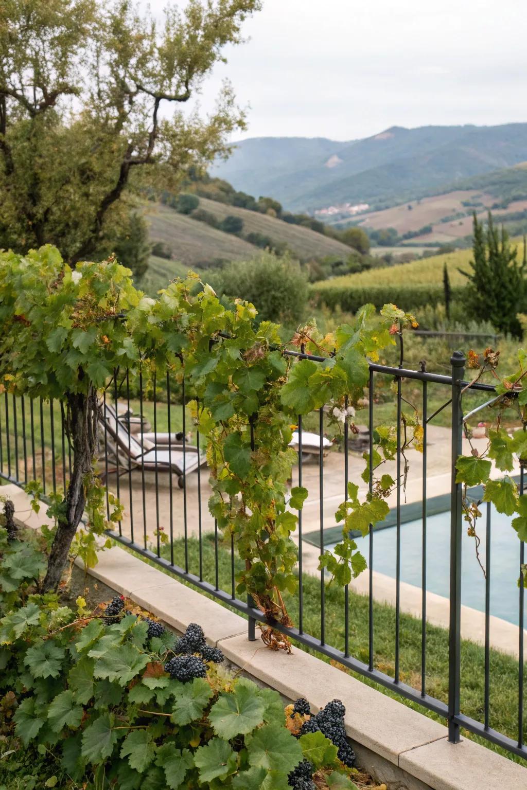 Grapevine-enclosed fencing for a vineyard-inspired poolside.
