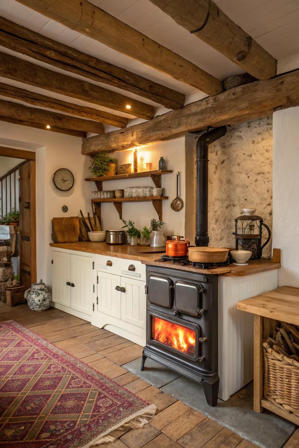 A wood-burning oven brings warmth and classic charm to the kitchen.