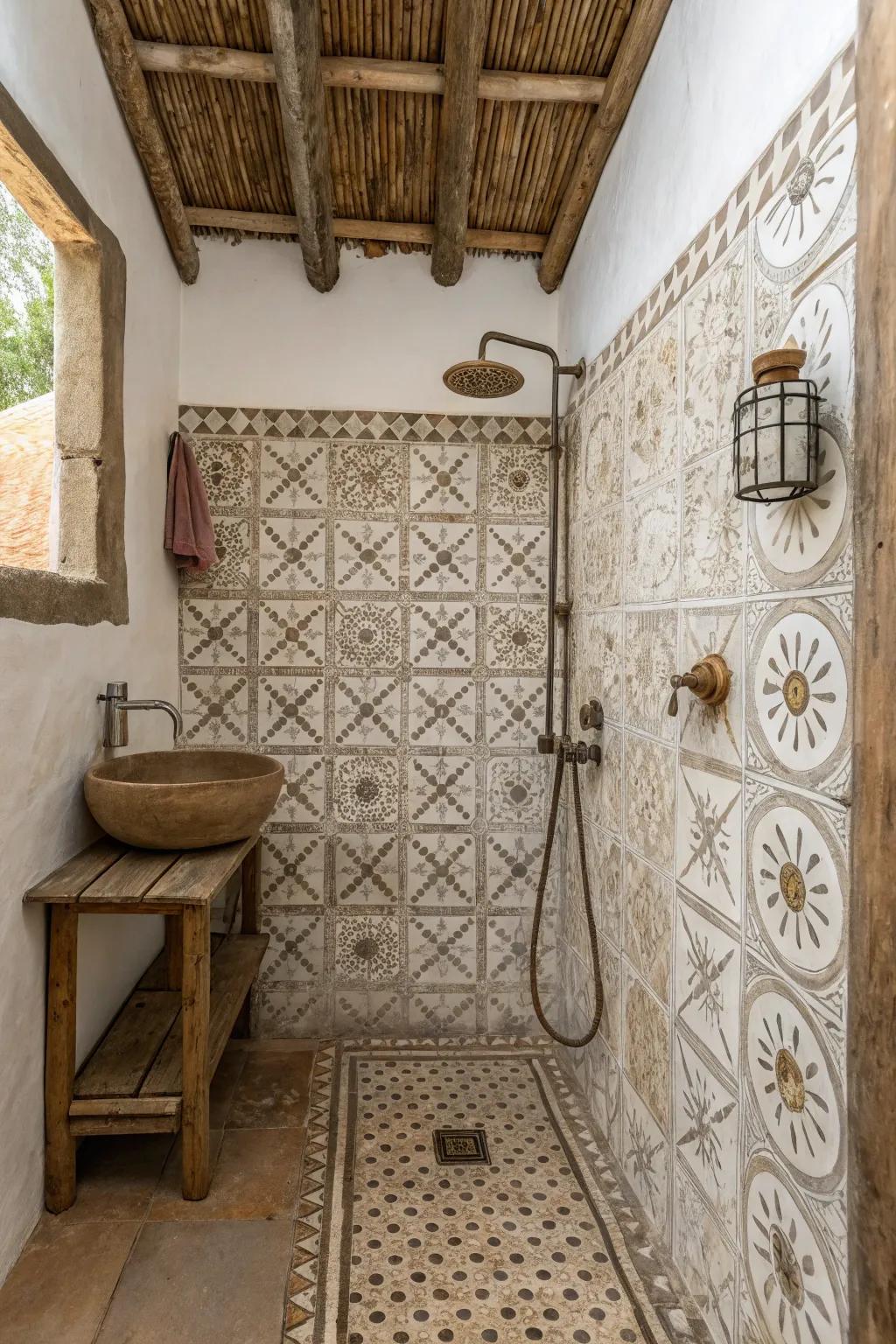 Patterned hard tiling crafts a bold and distinctive feature in the shower.