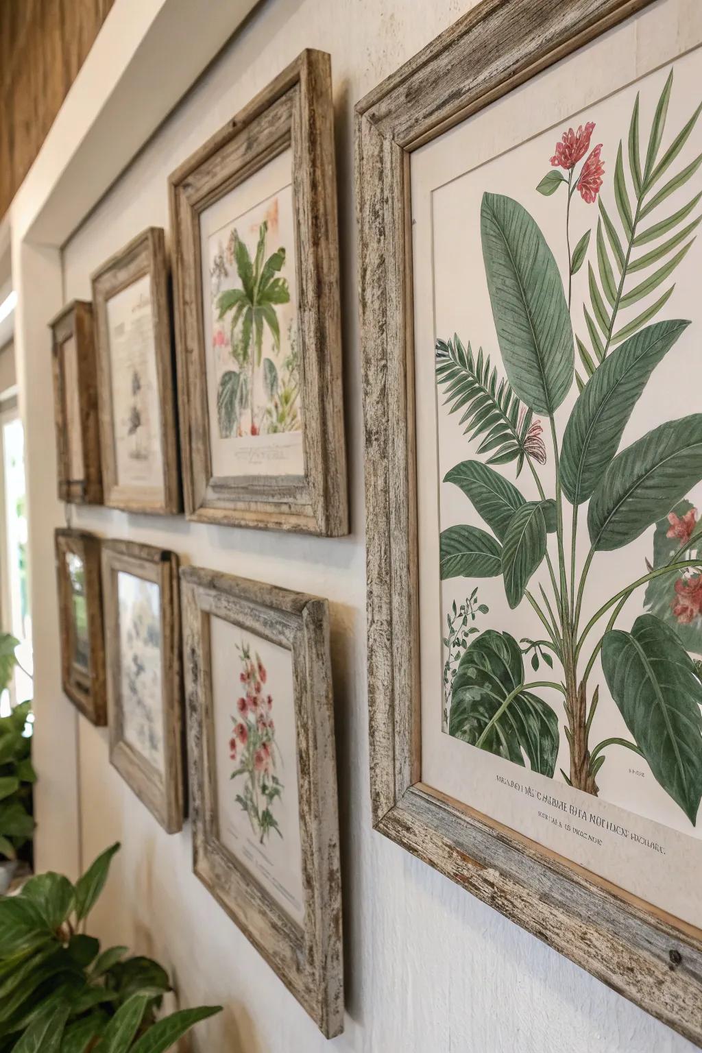 Botanical prints in country-inspired frames incorporate a touch of nature indoors.