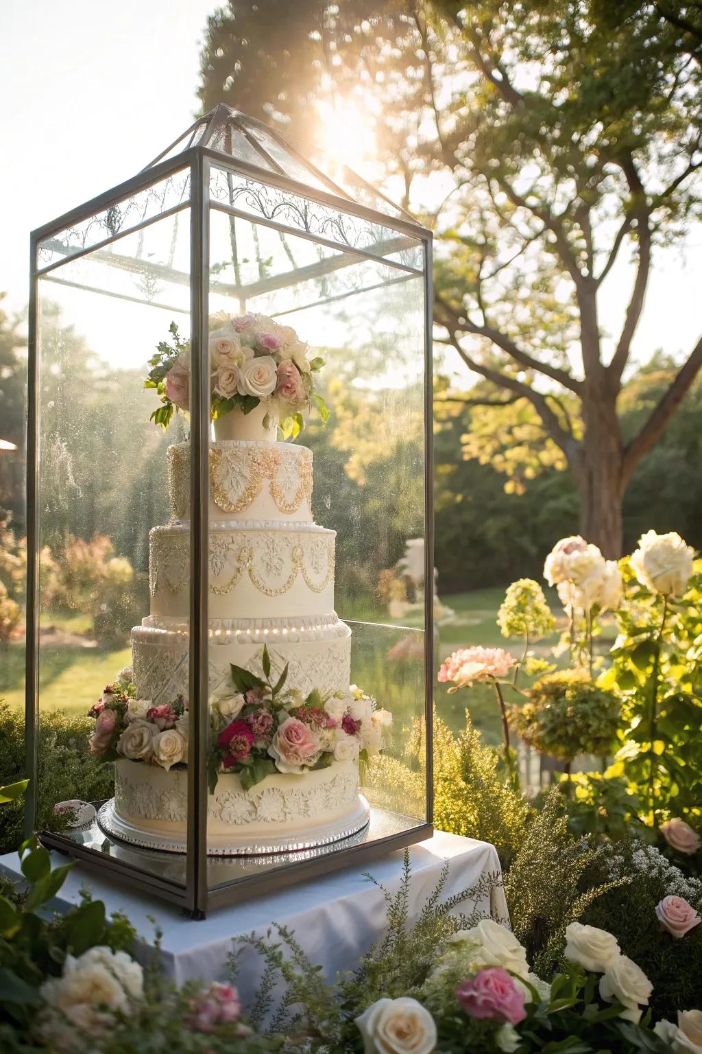Flower-filled glass container creates a breathtaking cake centerpiece.