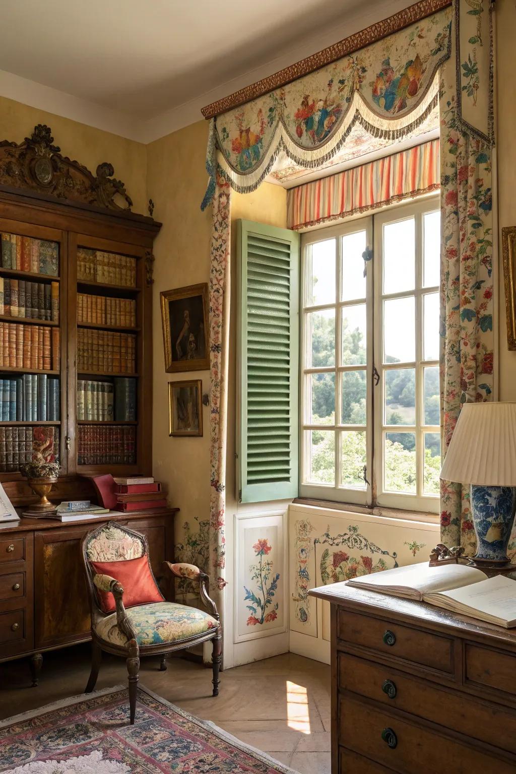A vintage-style study with a painted window cover valance, providing a touch of color and charm.