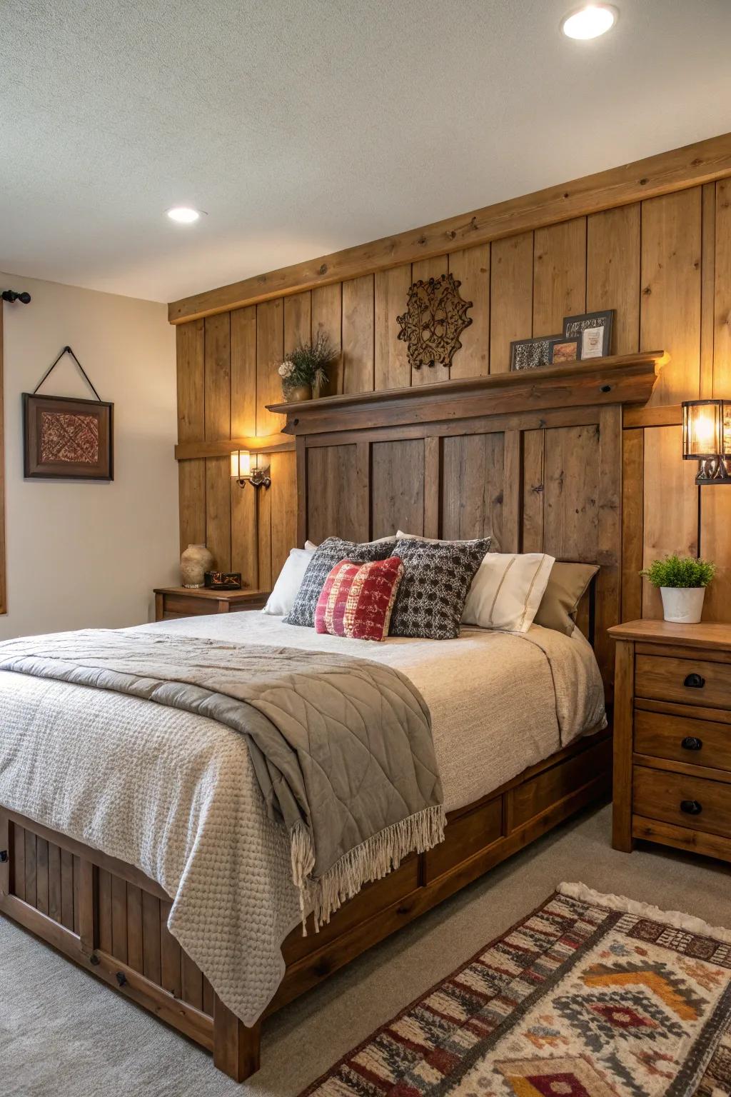 Paneling as a headboard substitute adds texture and interest.