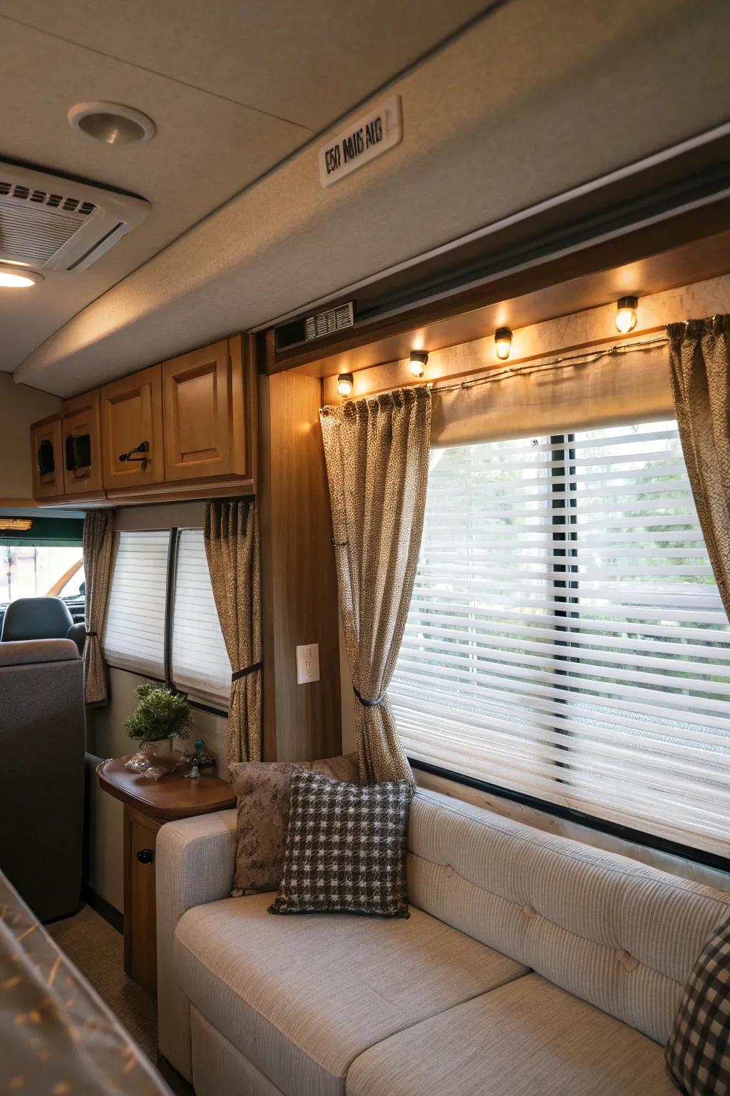 Achieve sophistication with a layered covering and blind setup.